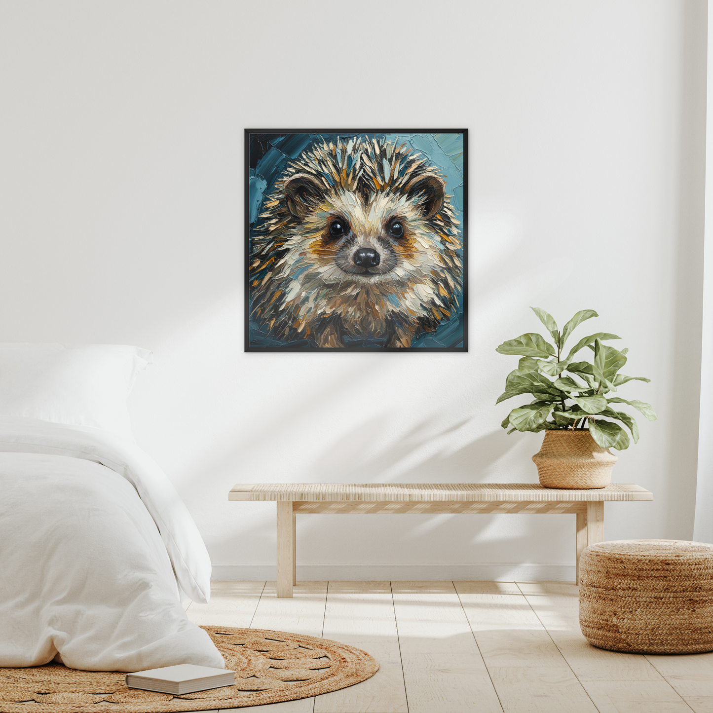 The Forager, framed canvas in black, in an interior setting