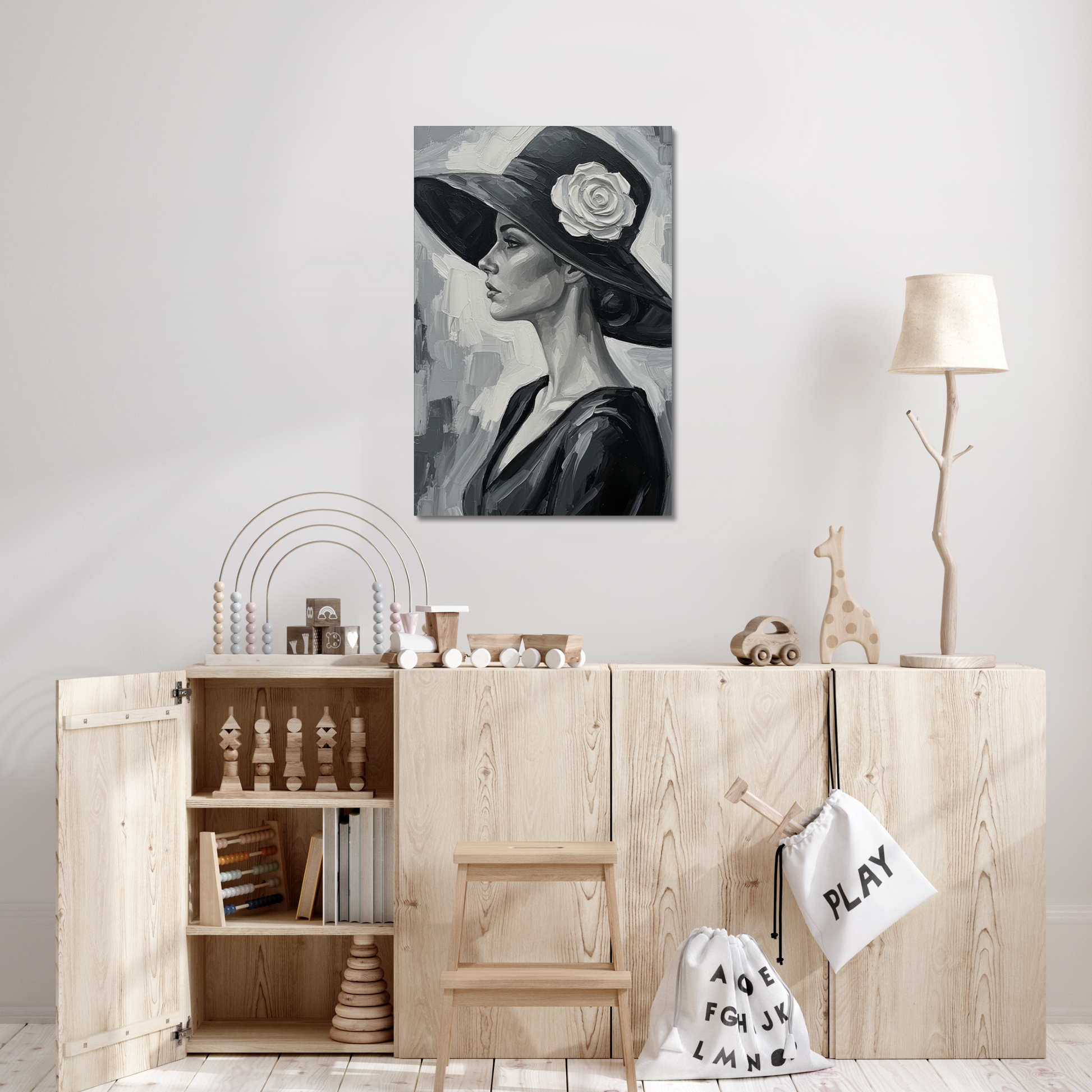 The Ash, stretched canvas in a bedroom setting
