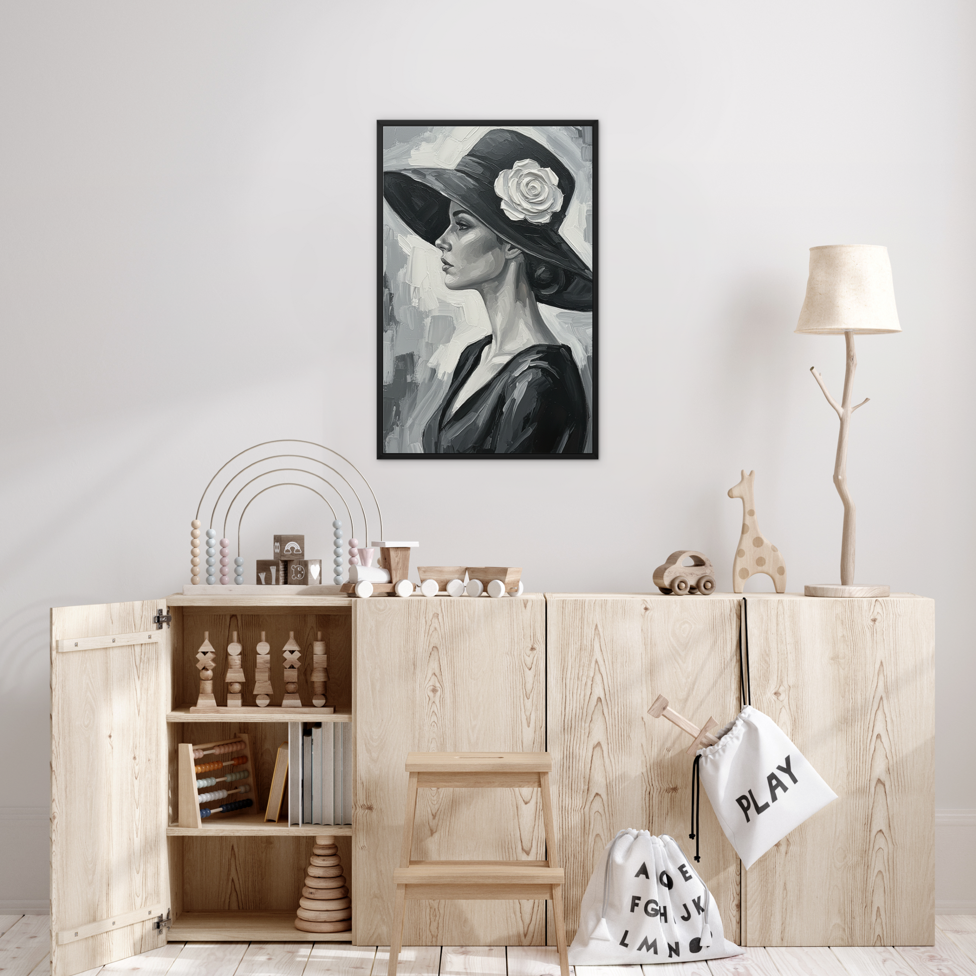 The Ash, framed canvas in black, in a bedroom setting