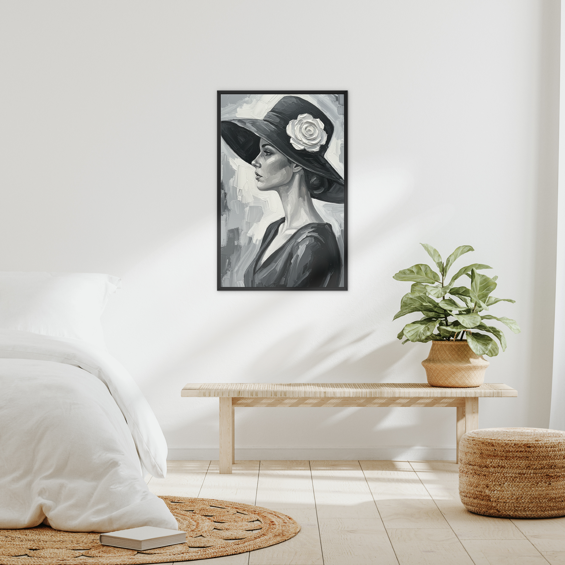 The Ash, framed canvas in black, in an interior setting
