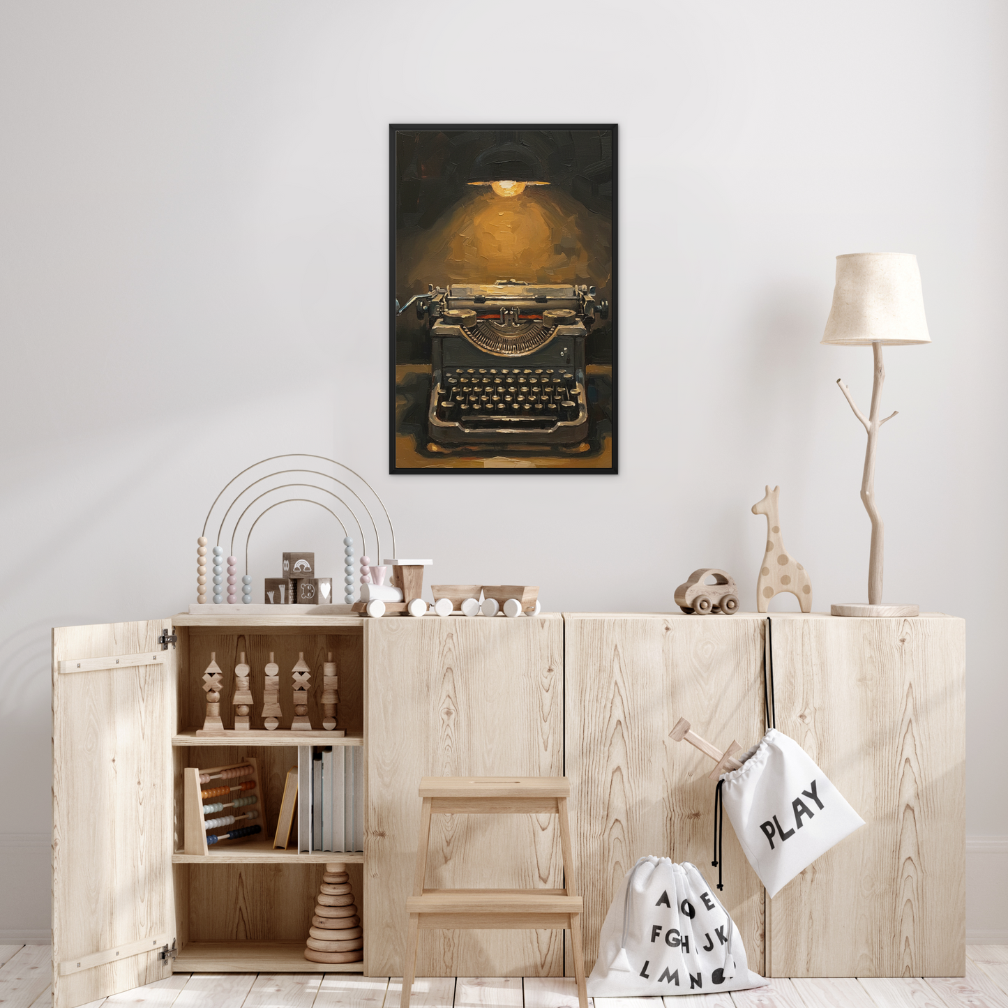 The Author, framed canvas in black, in a bedroom setting