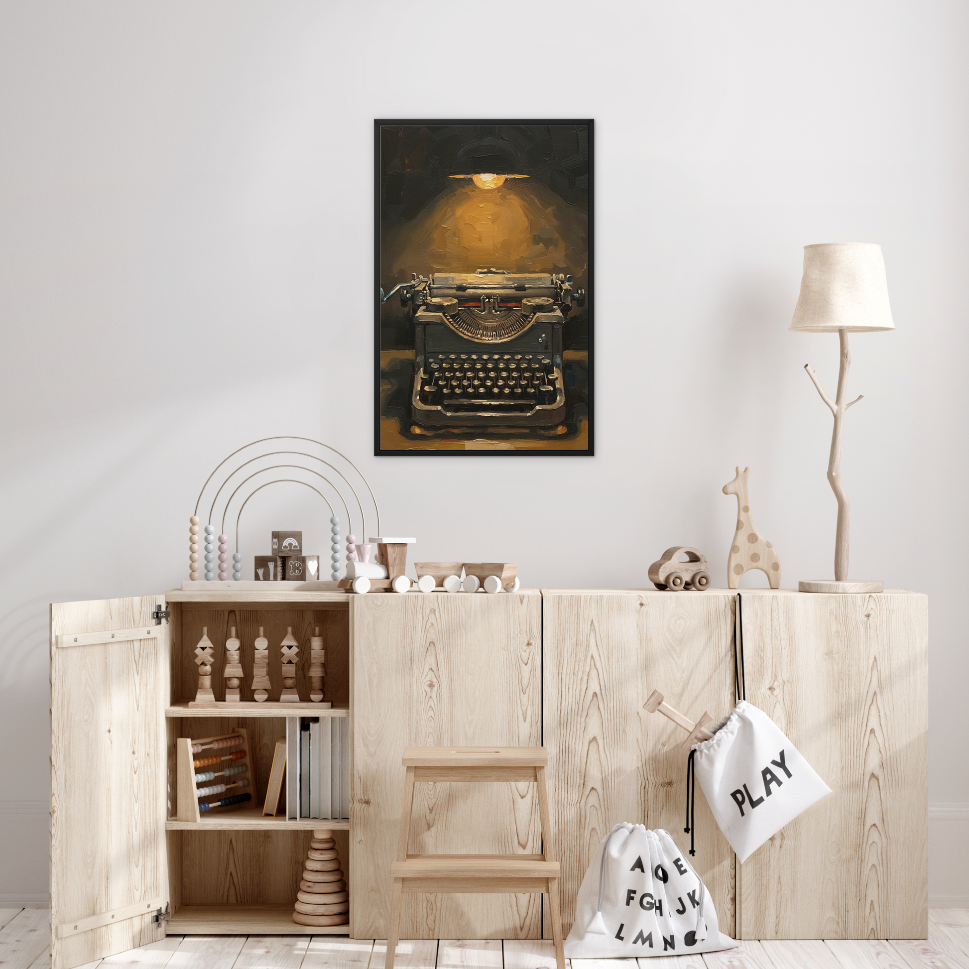 The Author, framed canvas in black, in a bedroom setting