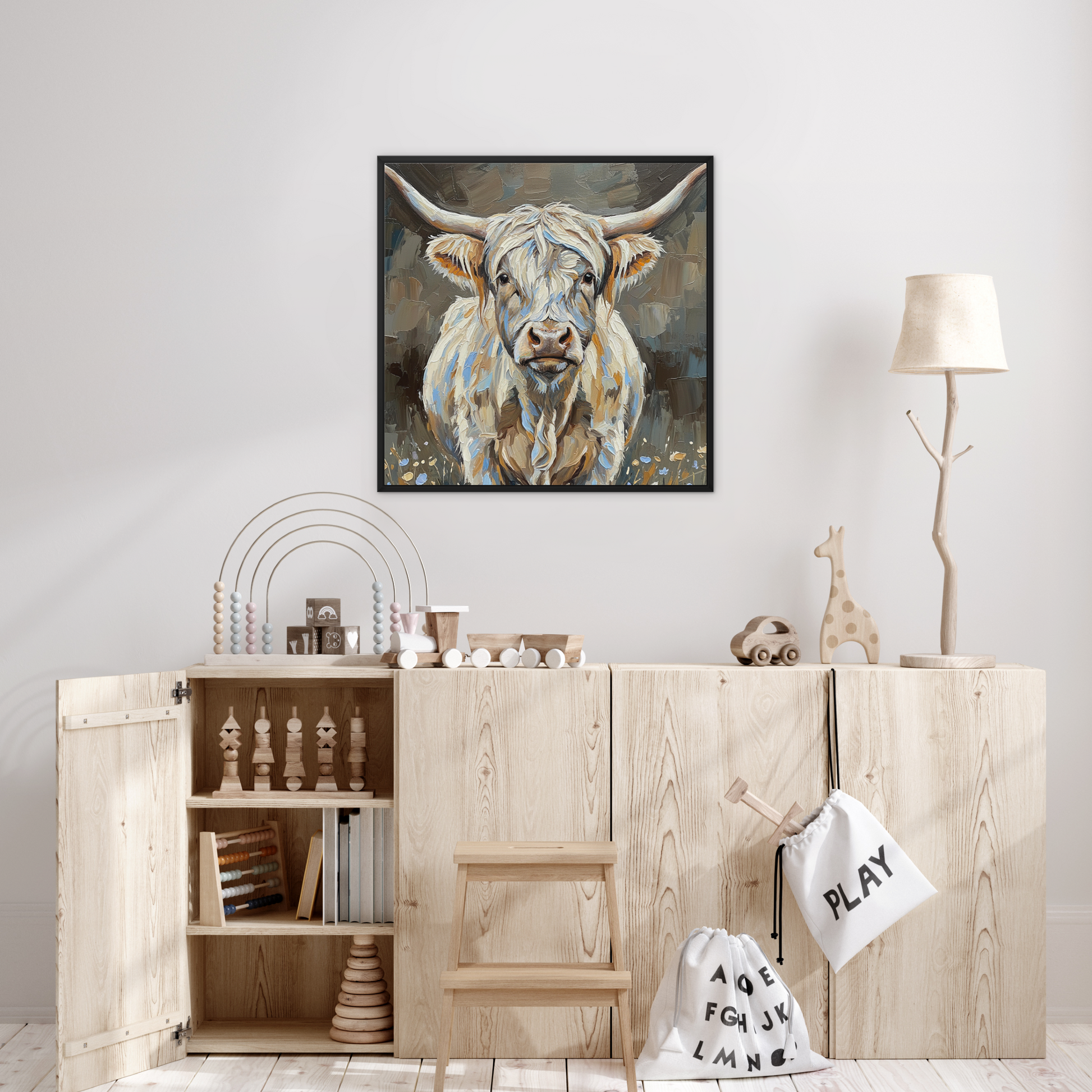 The NightKeeper, framed canvas in black, in a bedroom setting