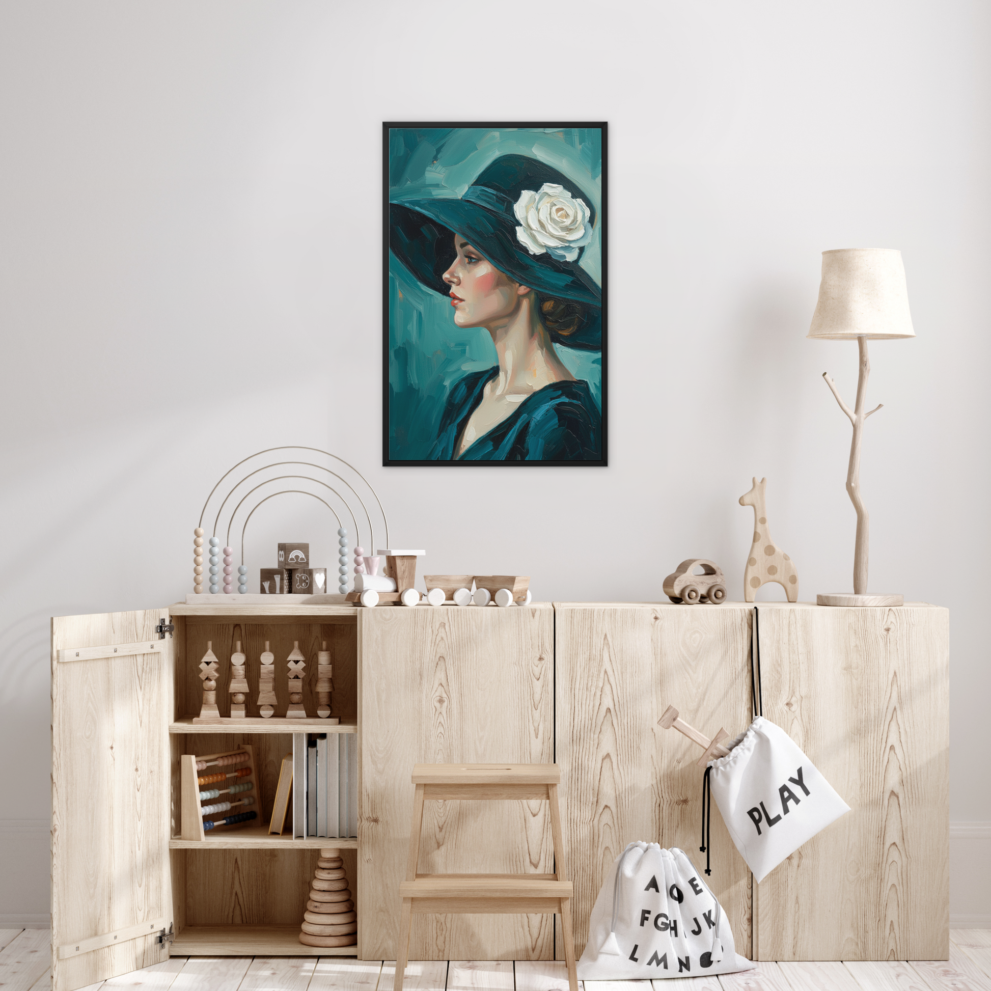 The Dusk, framed canvas in black, in a bedroom setting