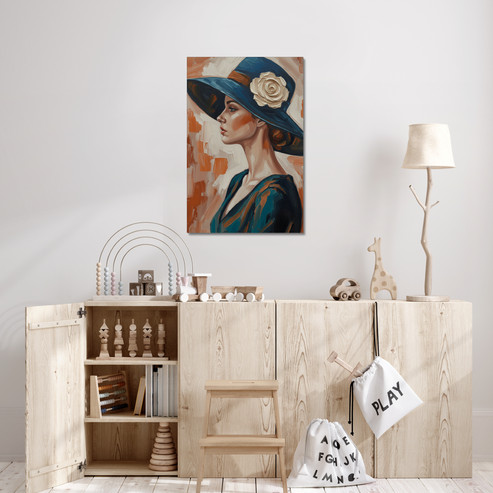 The Ember, stretched canvas in a bedroom setting