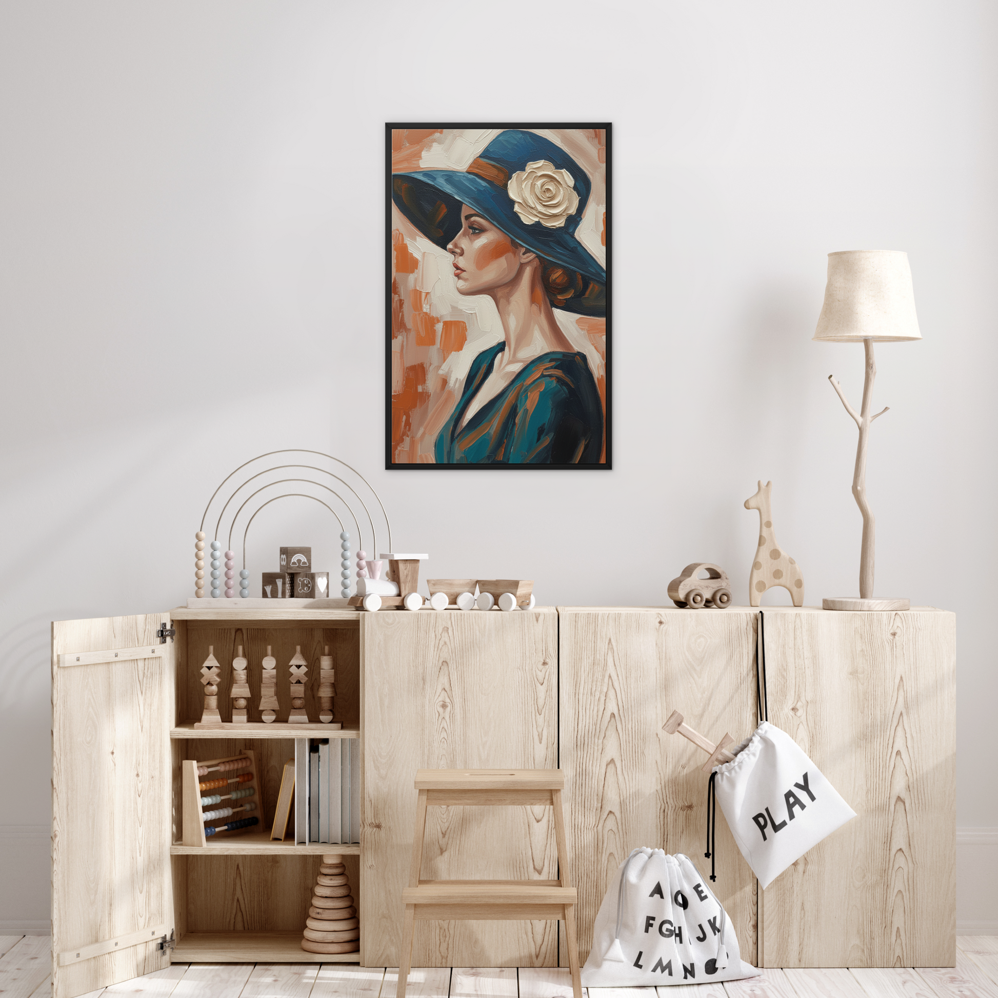 The Ember, framed canvas in black, in a bedroom setting