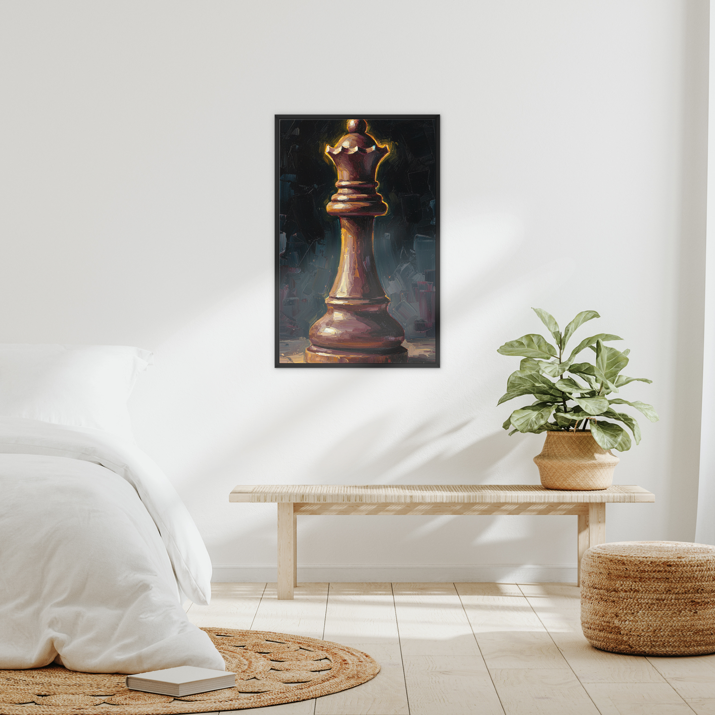 The First Move, framed canvas in black, in an interior setting