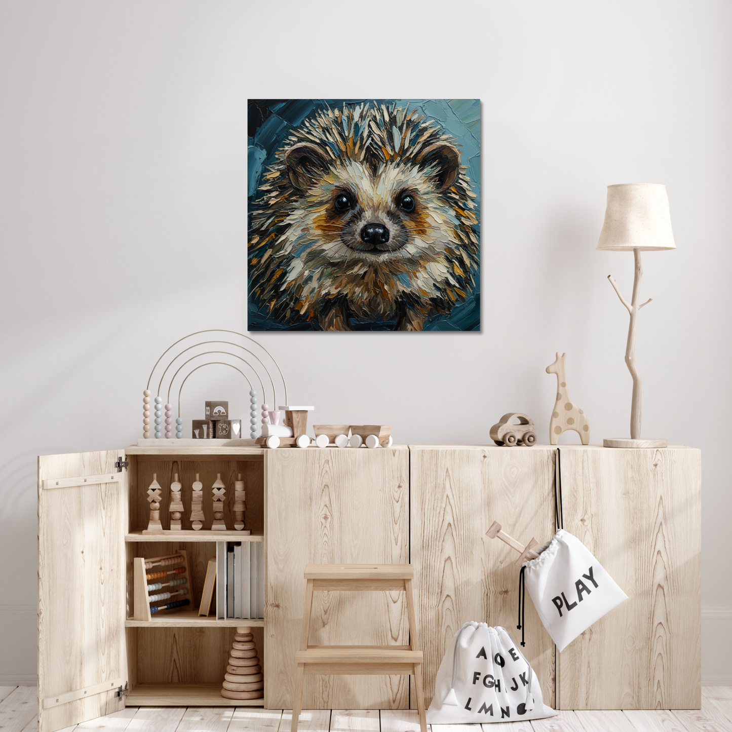 The Forager, stretched canvas in a bedroom setting