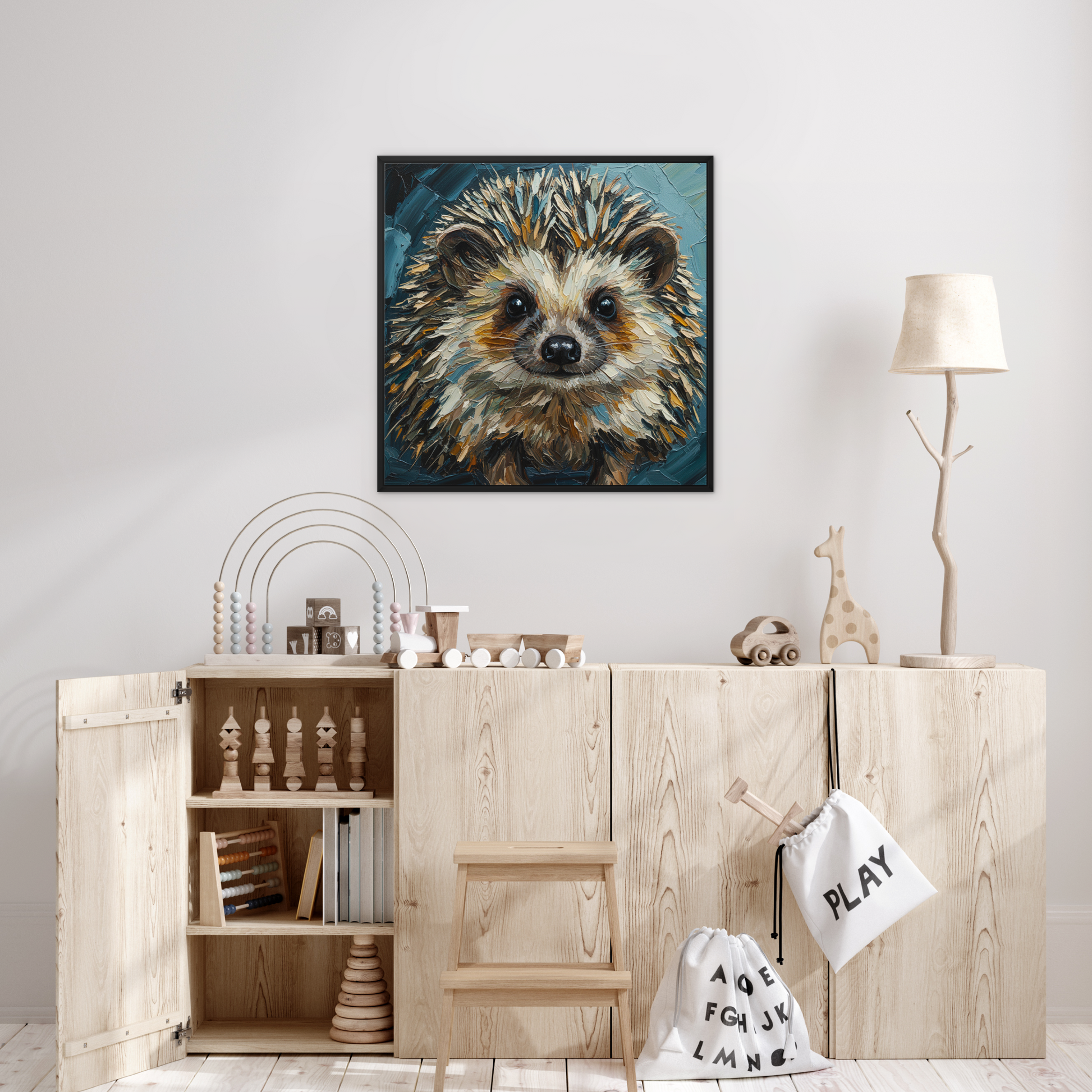 The Forager, framed canvas in black, in a bedroom setting