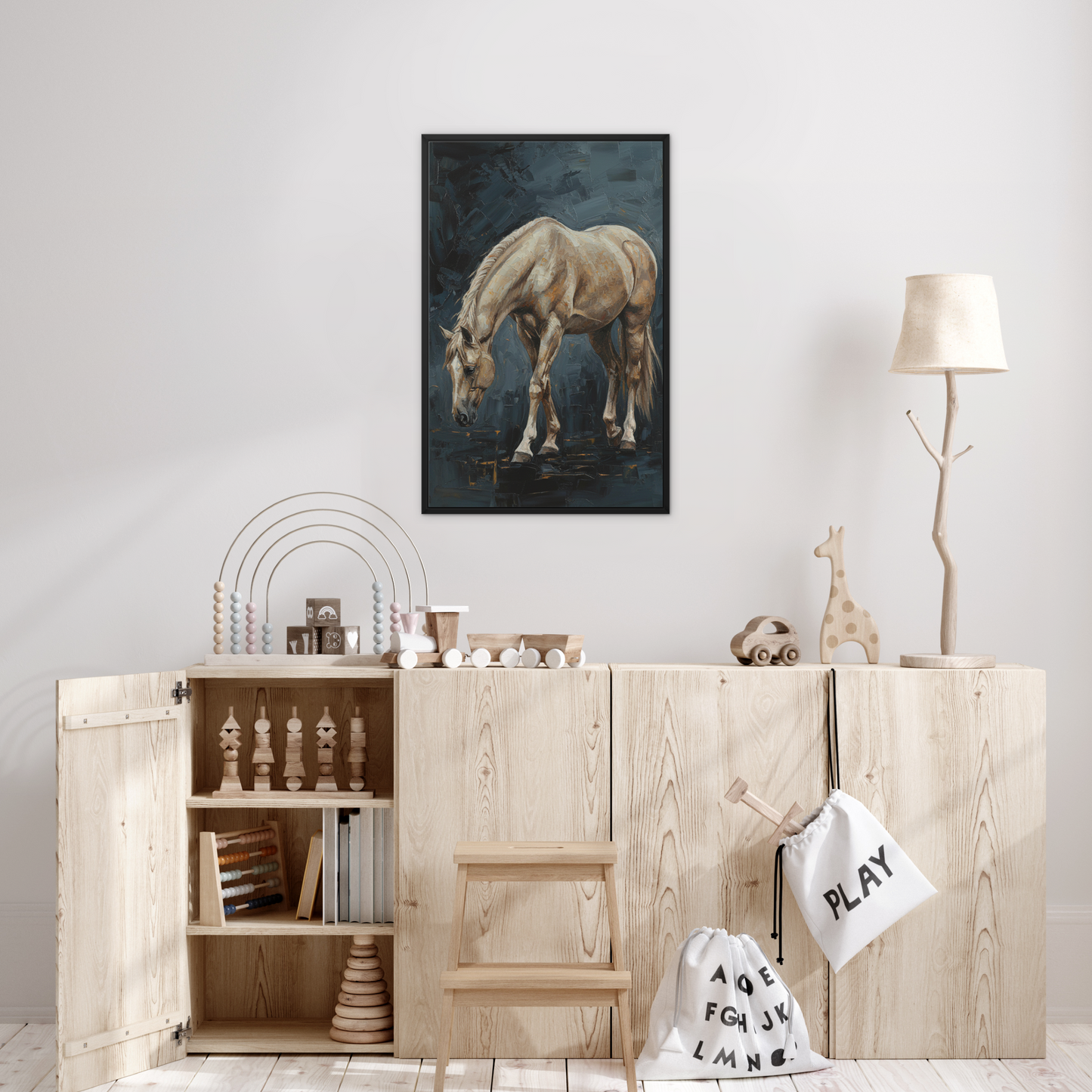 The Grace, framed canvas in black, in a bedroom setting