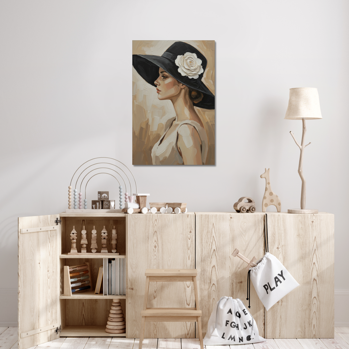The Hush, stretched canvas in a bedroom setting