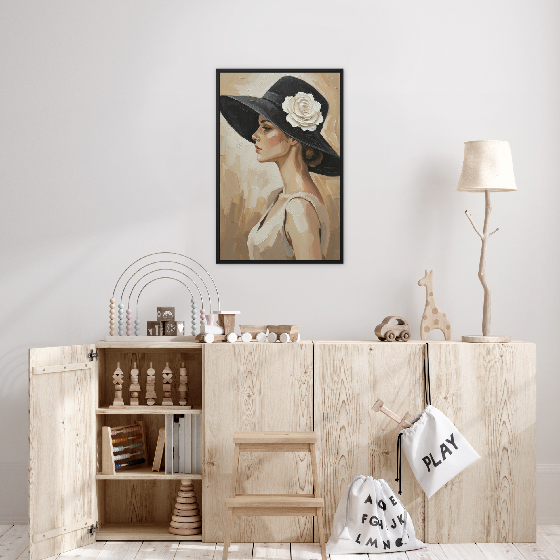 The Hush, framed canvas in black, in a bedroom setting