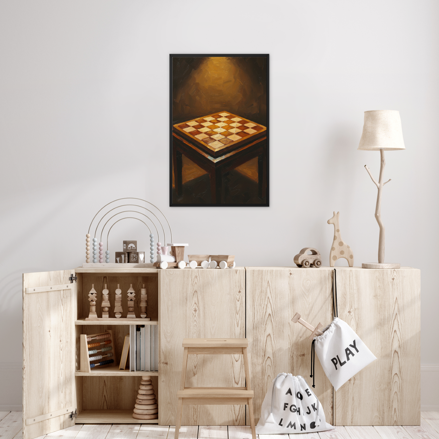 The Opening, framed canvas in black, in a bedroom setting