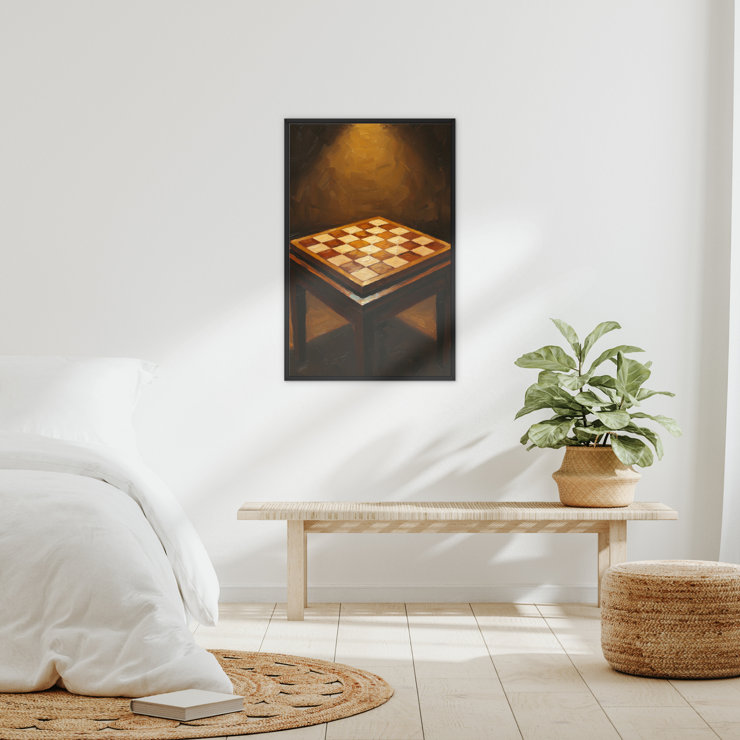The Opening, framed canvas in black, in an interior setting