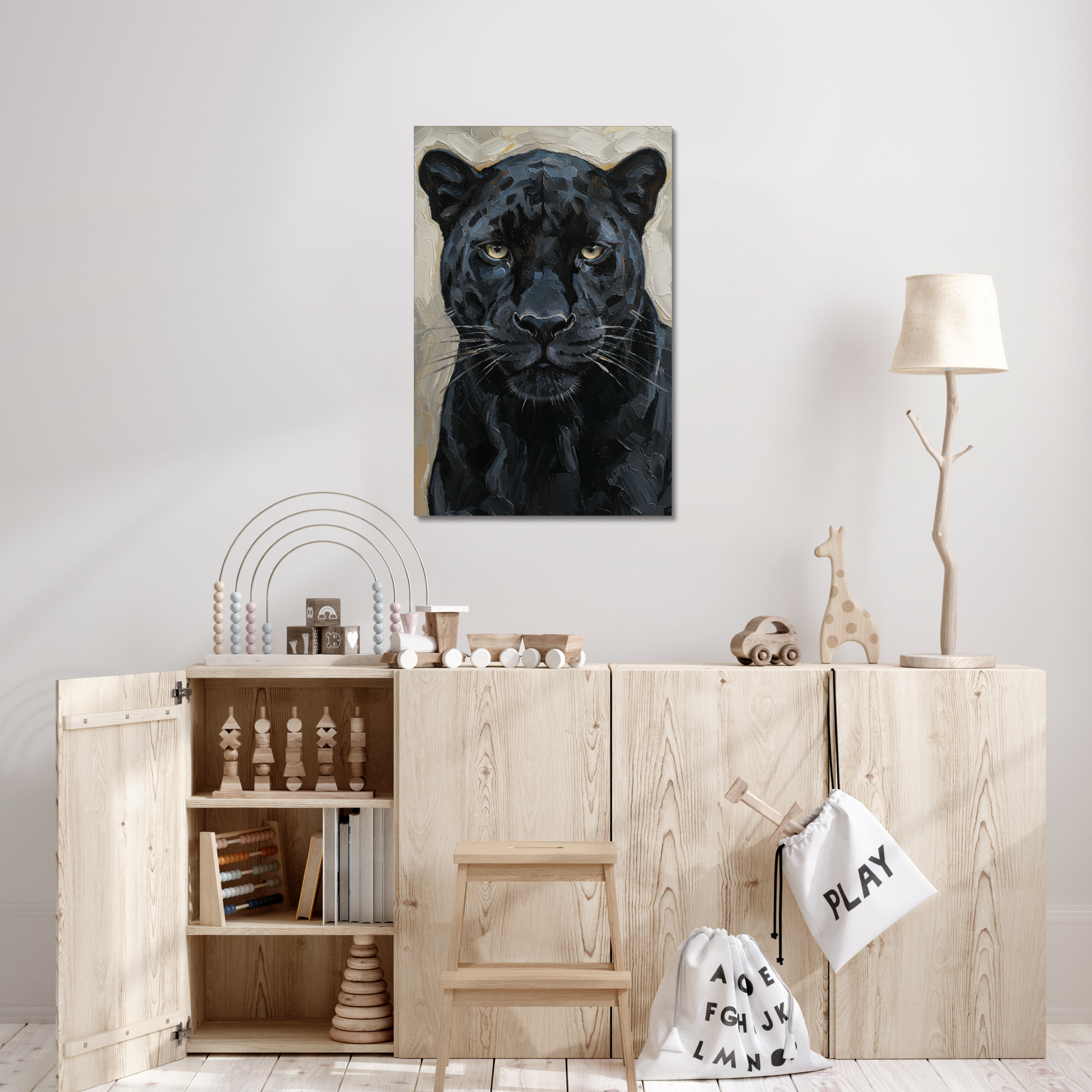 The Silence, stretched canvas in a bedroom setting