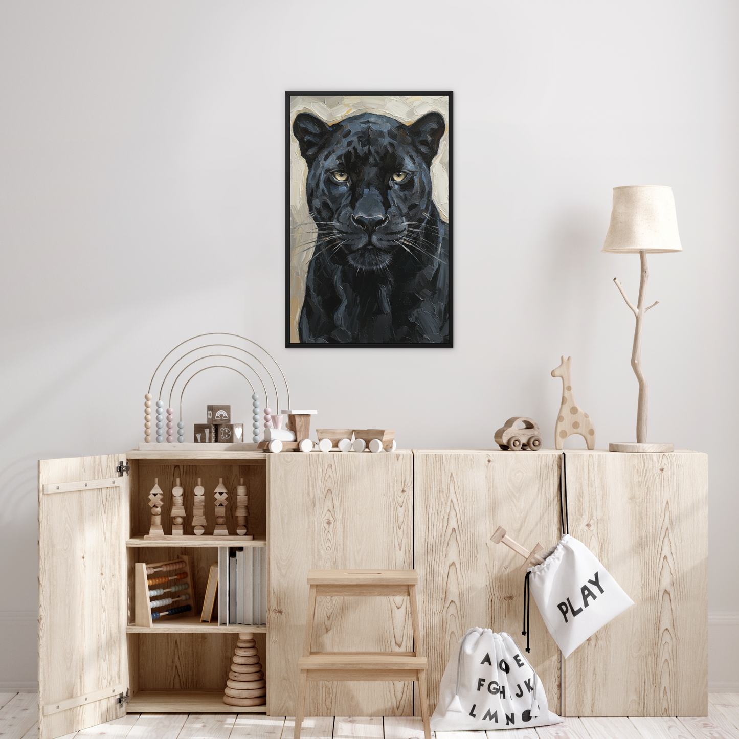 The Silence, framed canvas in black, in a bedroom setting