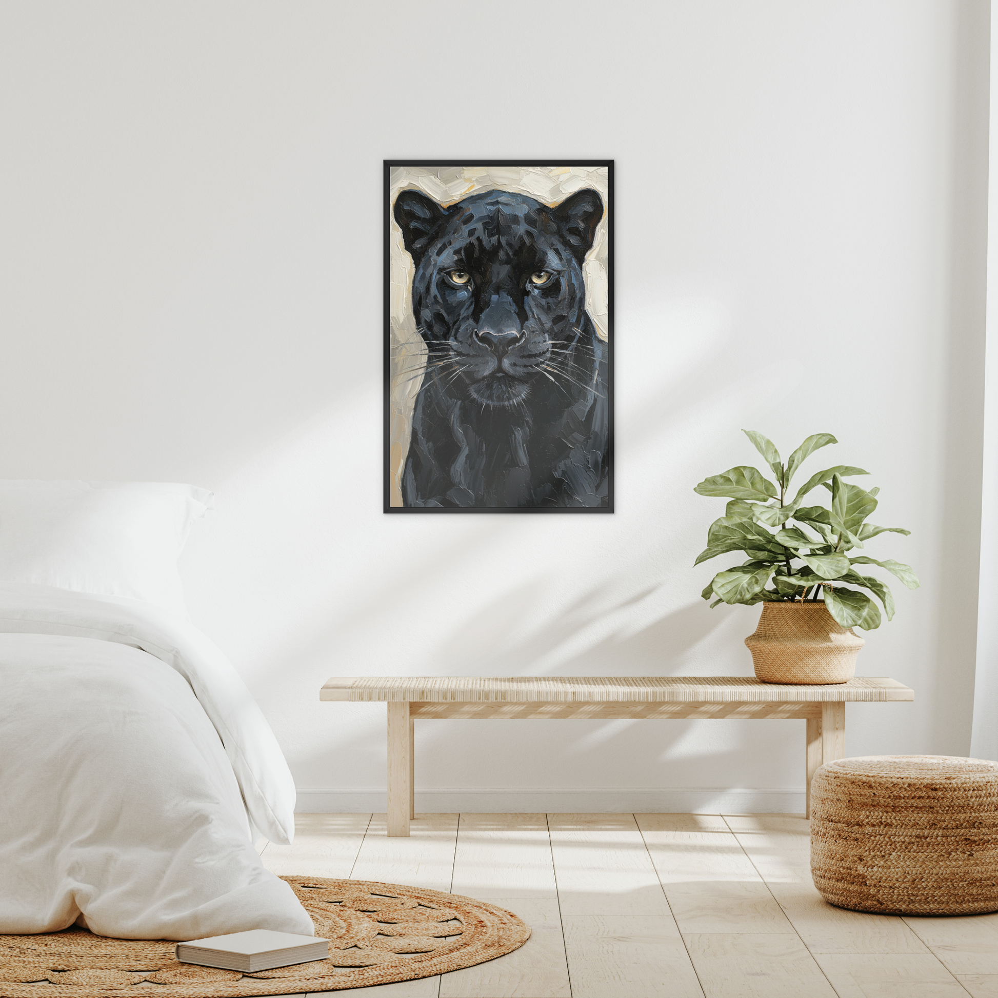 The Silence, framed canvas in black, in an interior setting
