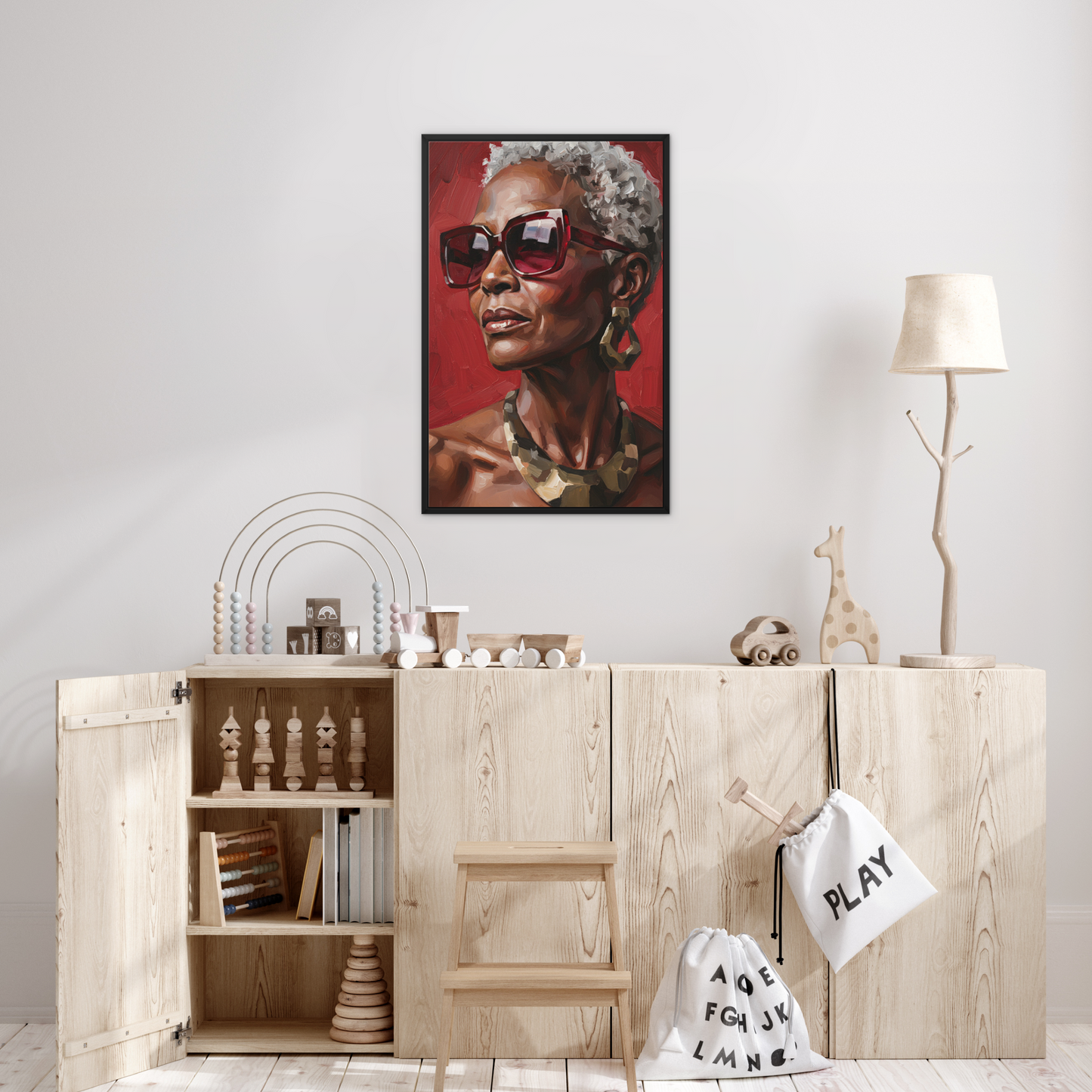 The Commanding Presence, framed canvas in black, in a bedroom setting