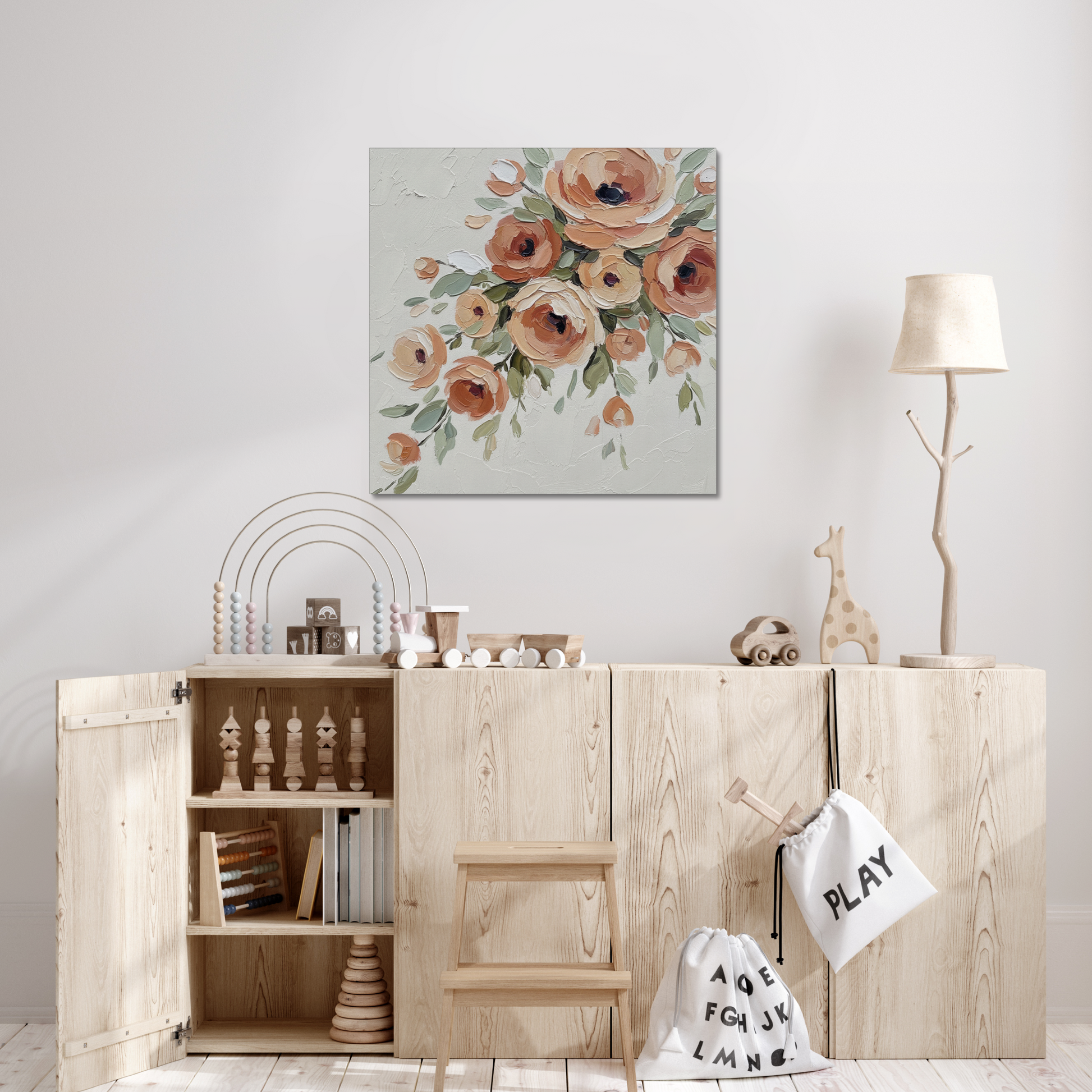 The Peach Arrangement, stretched canvas in a bedroom setting