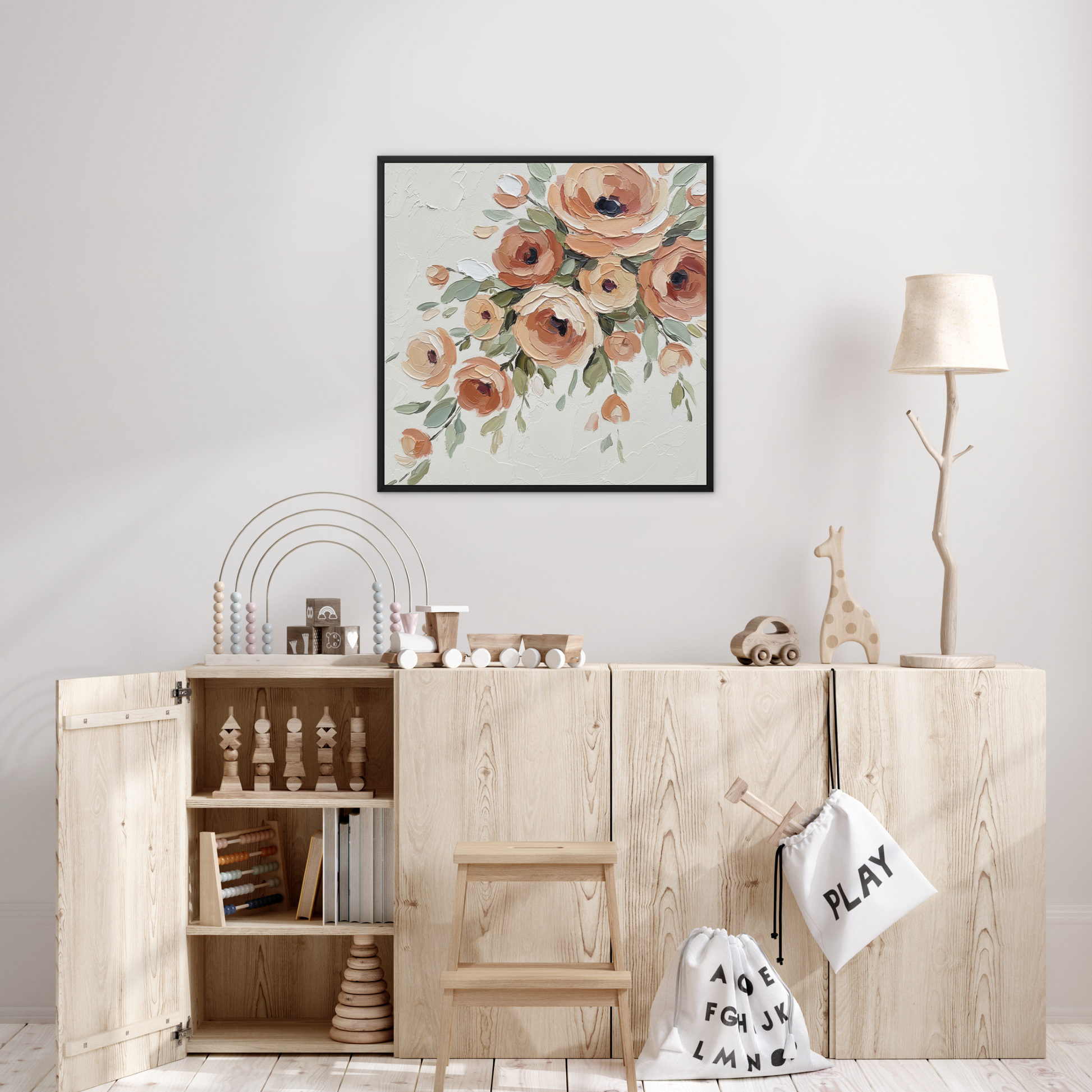 The Peach Arrangement, framed canvas in black, in a bedroom setting