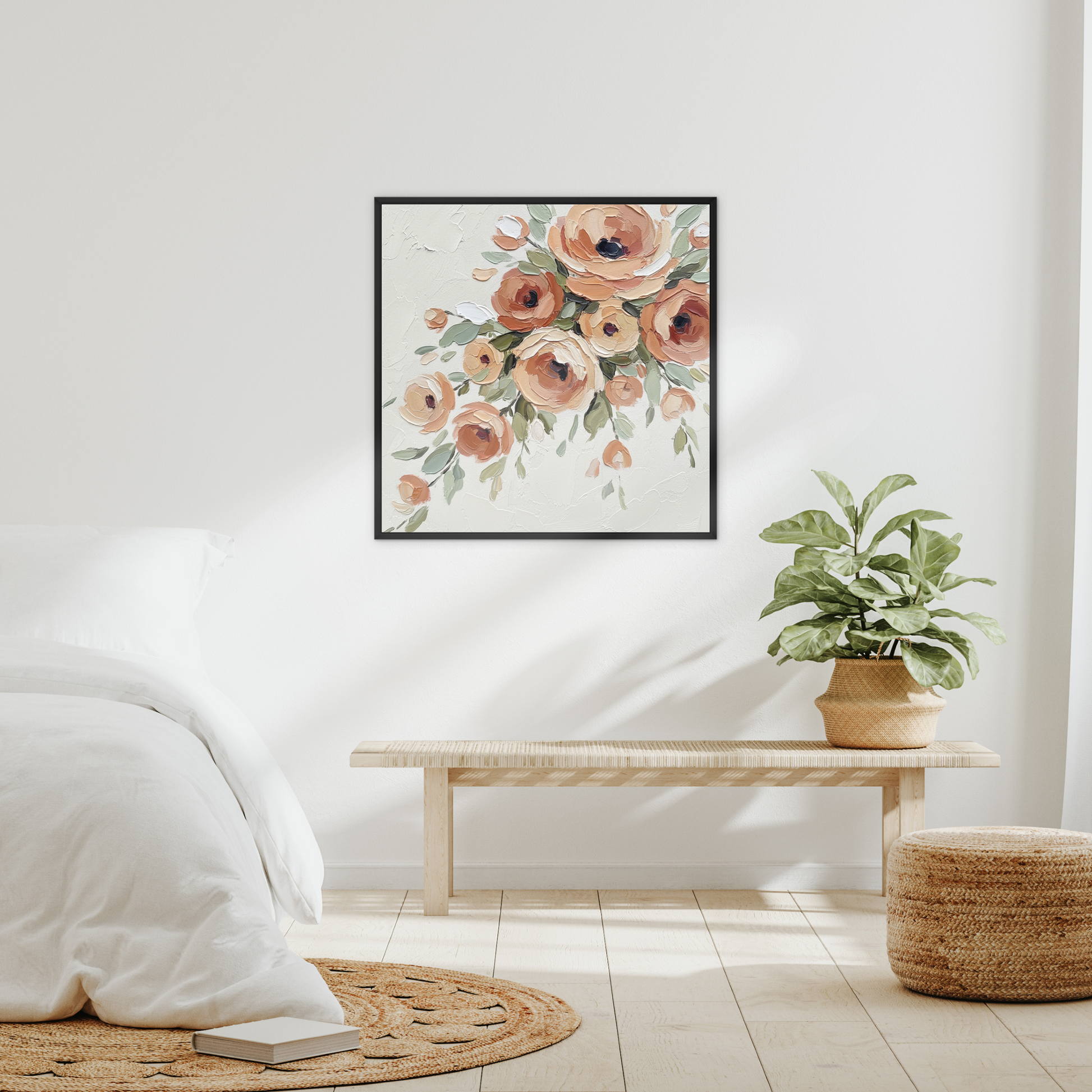 The Peach Arrangement, framed canvas in black, in an interior setting