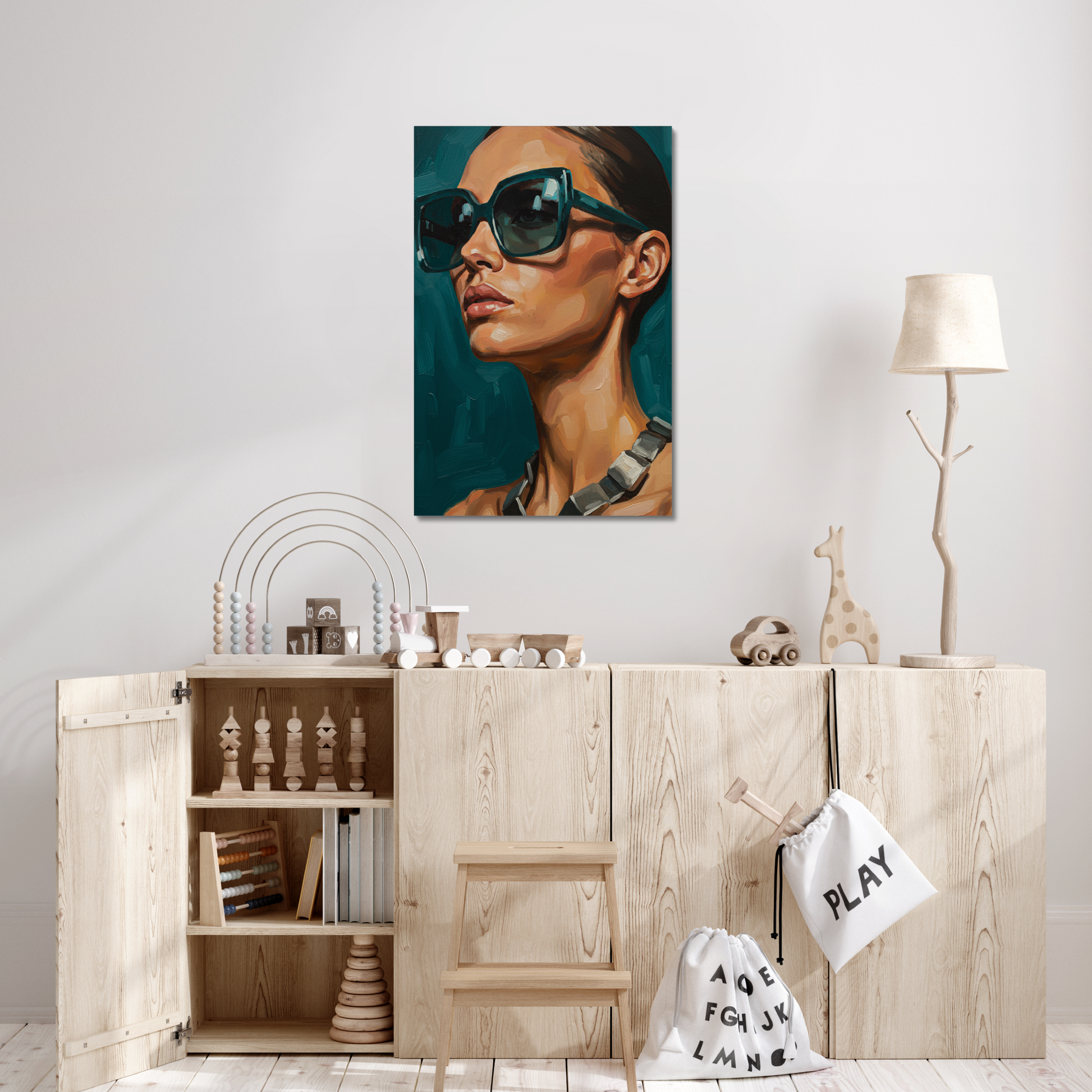The Emerald Presence, stretched canvas in a bedroom setting