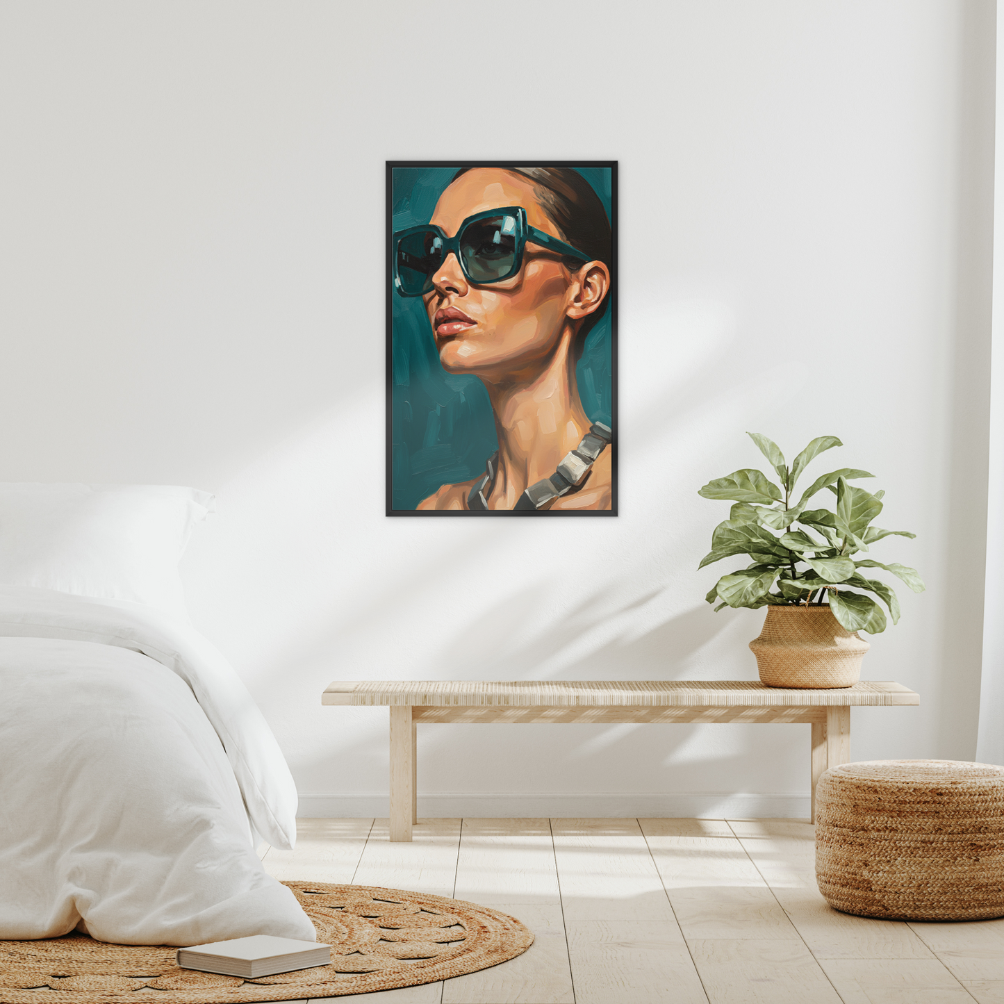 The Emerald Presence, framed canvas in black, in an interior setting