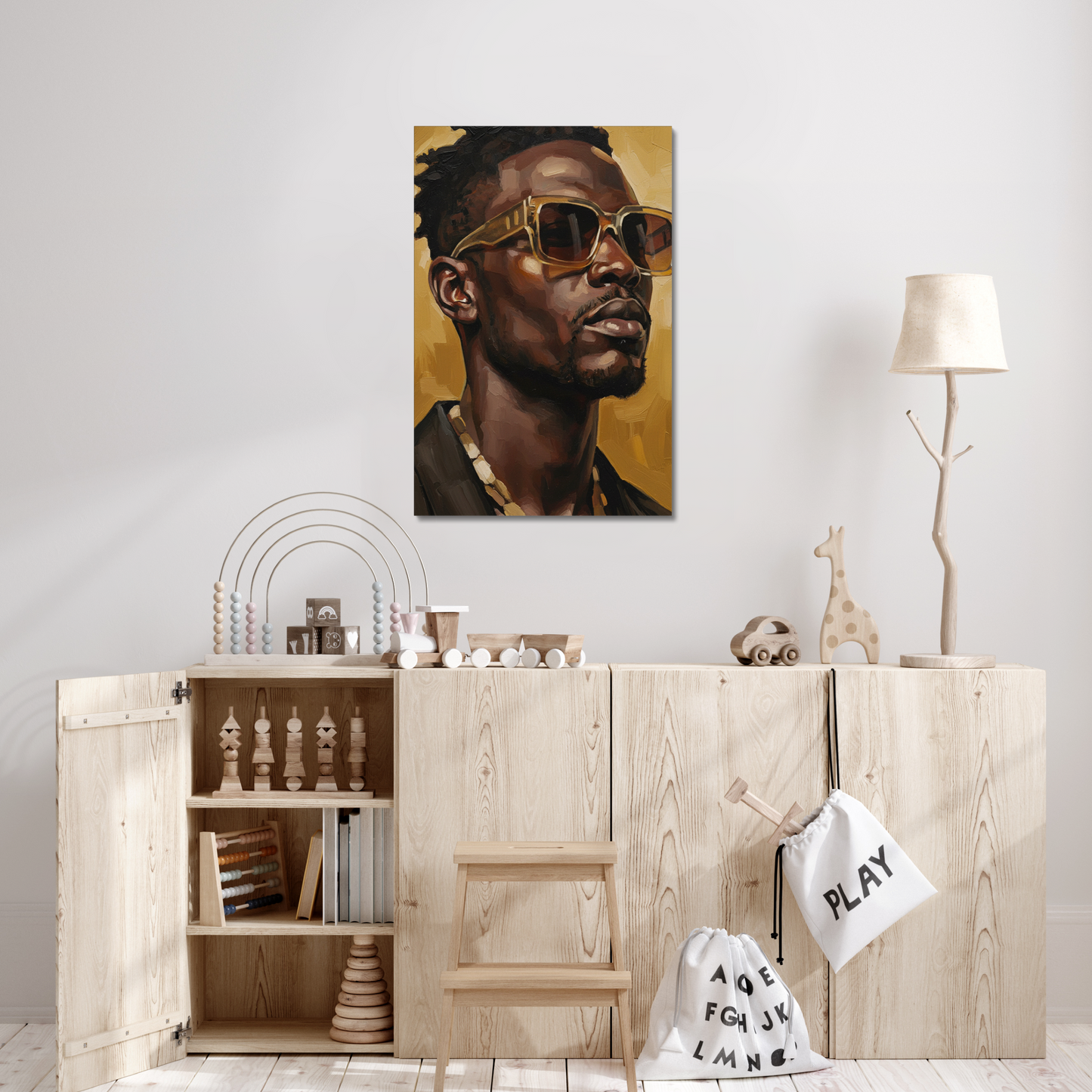 The Golden Presence, stretched canvas in a bedroom setting