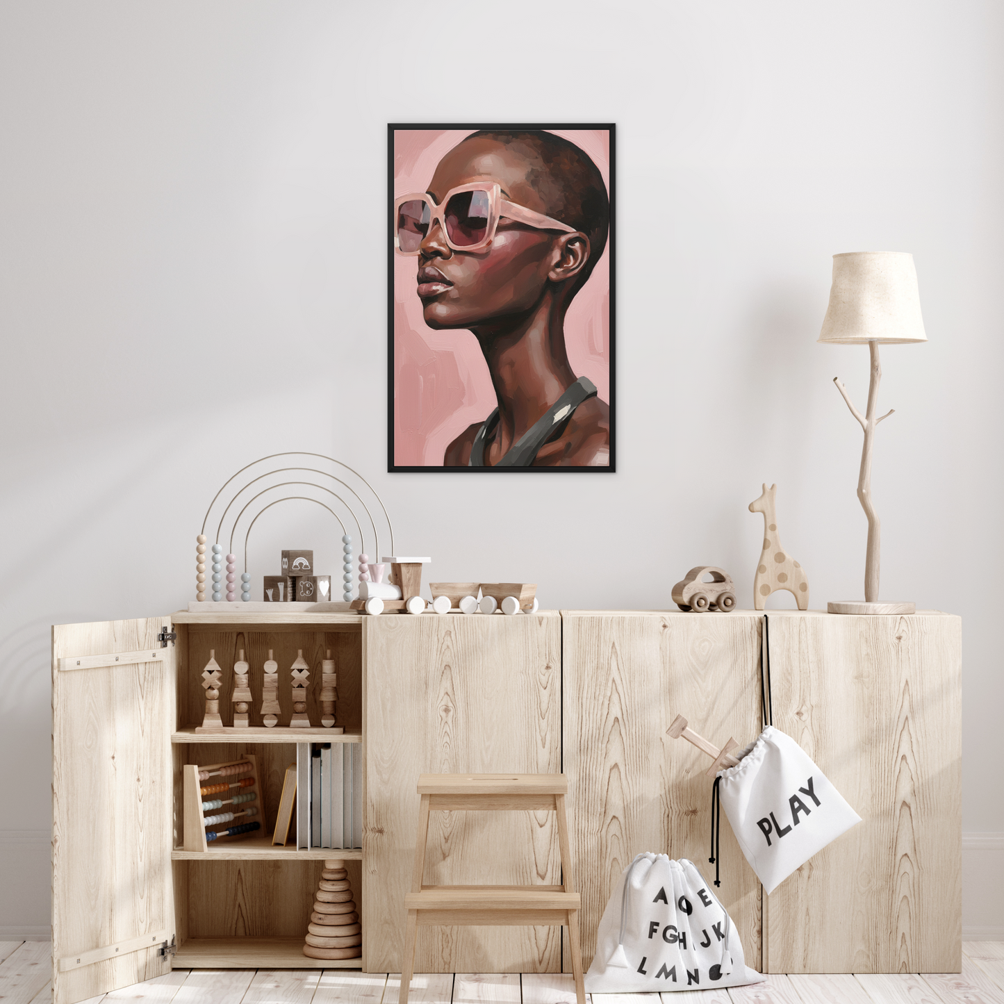 The Soft Presence, framed canvas in black, in a bedroom setting