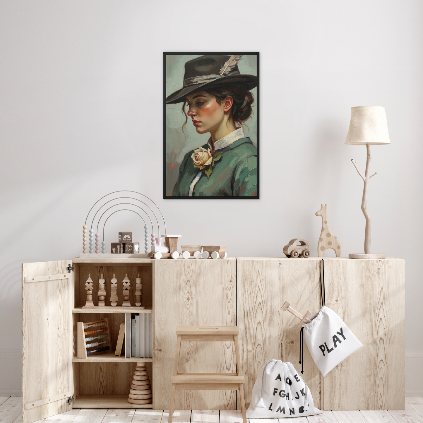 The Quiet After, framed canvas in black, in a bedroom setting
