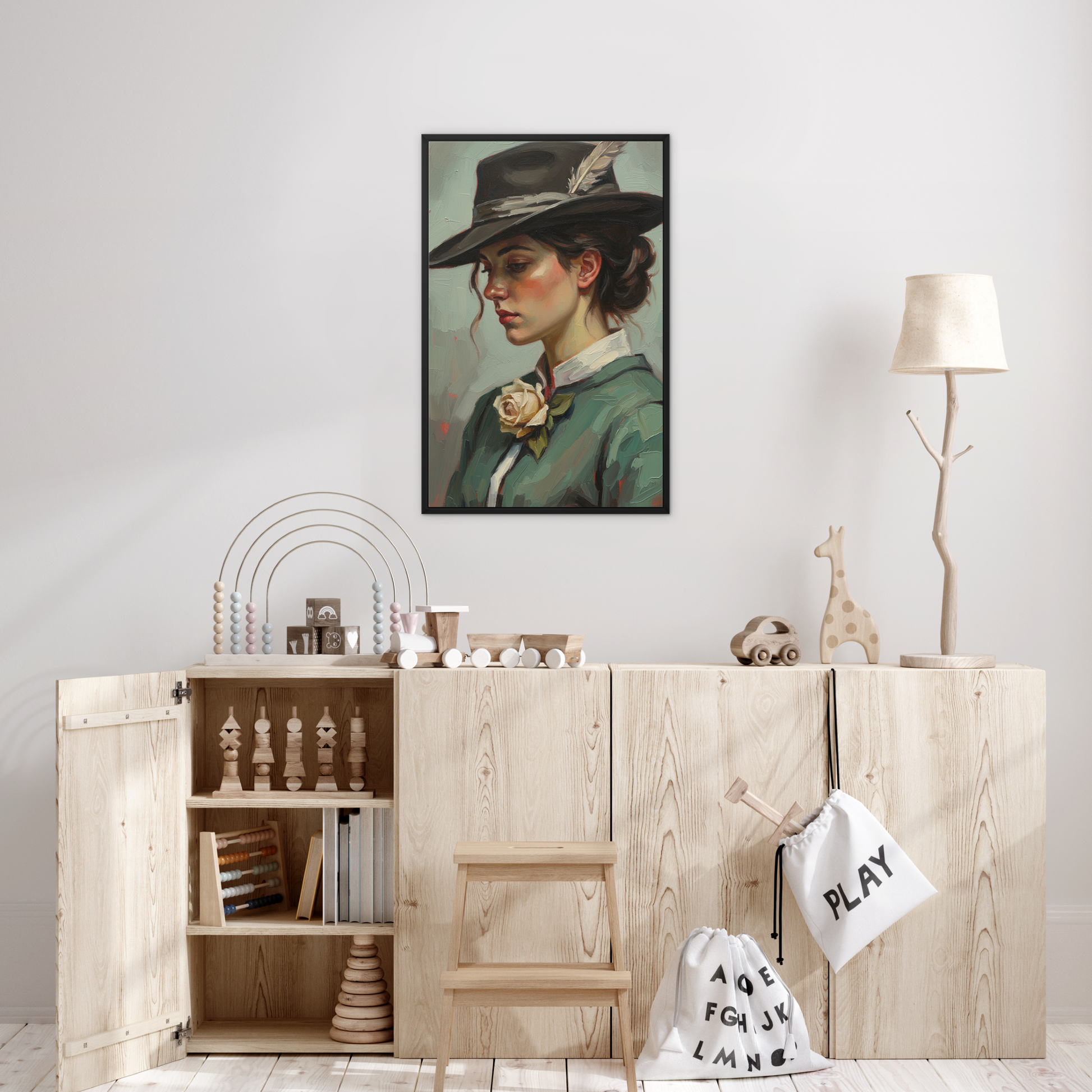The Quiet After, framed canvas in black, in a bedroom setting