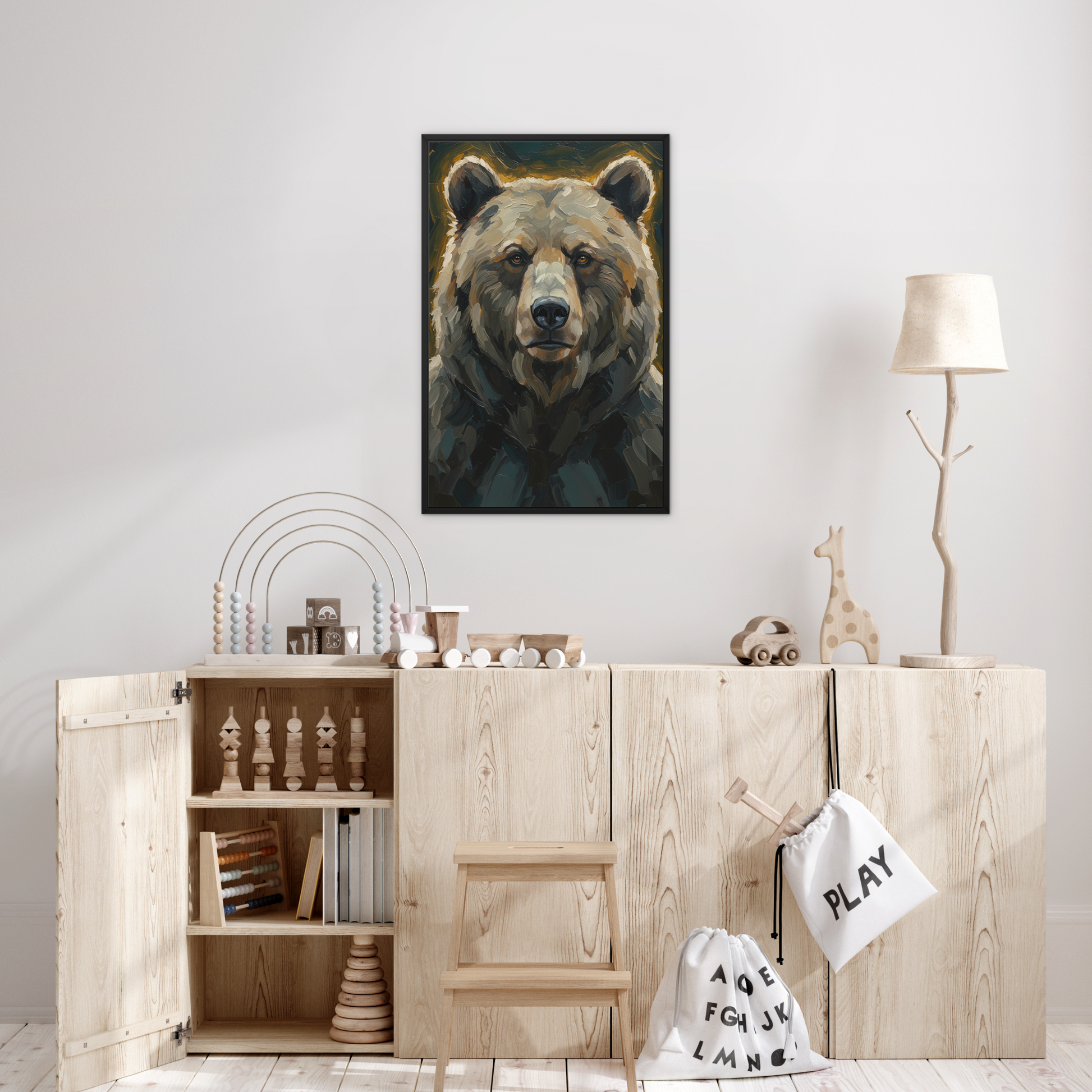The Resolve, framed canvas in black, in a bedroom setting