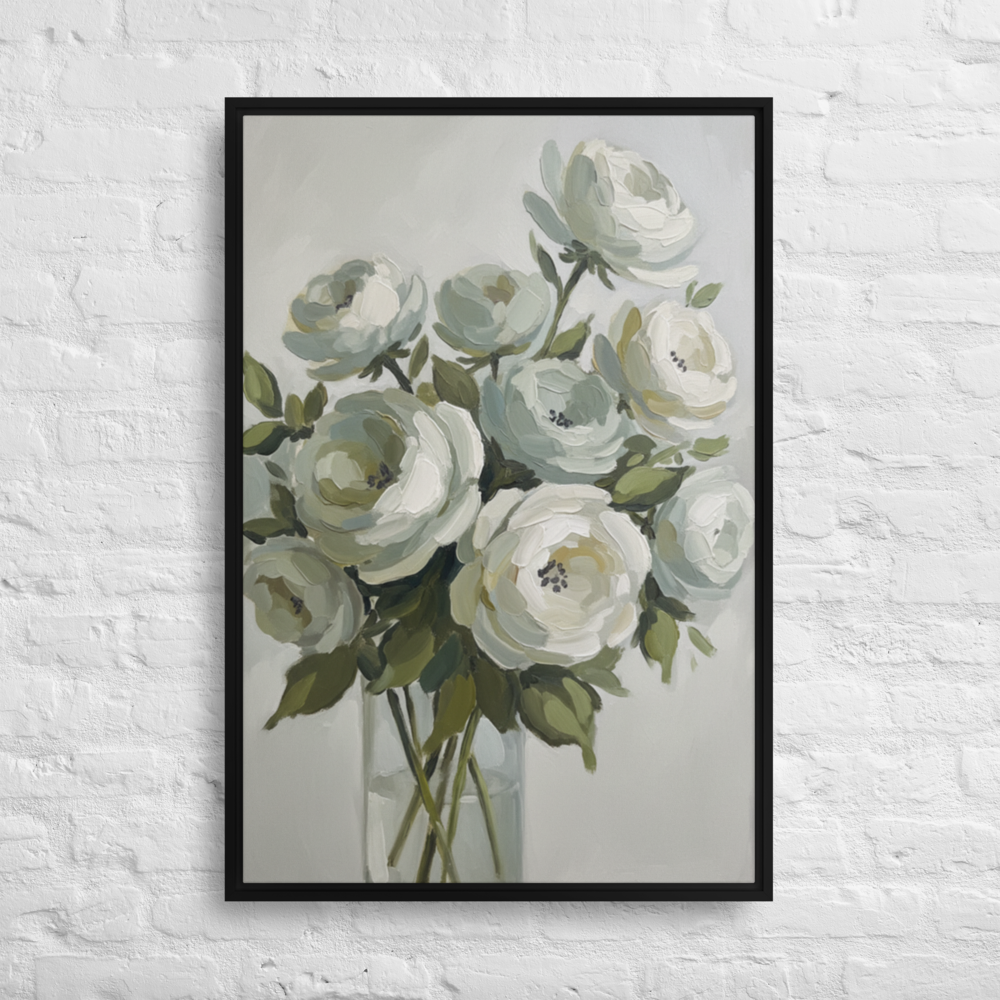 The Sage Arrangement, framed canvas in black, on a white brick wall