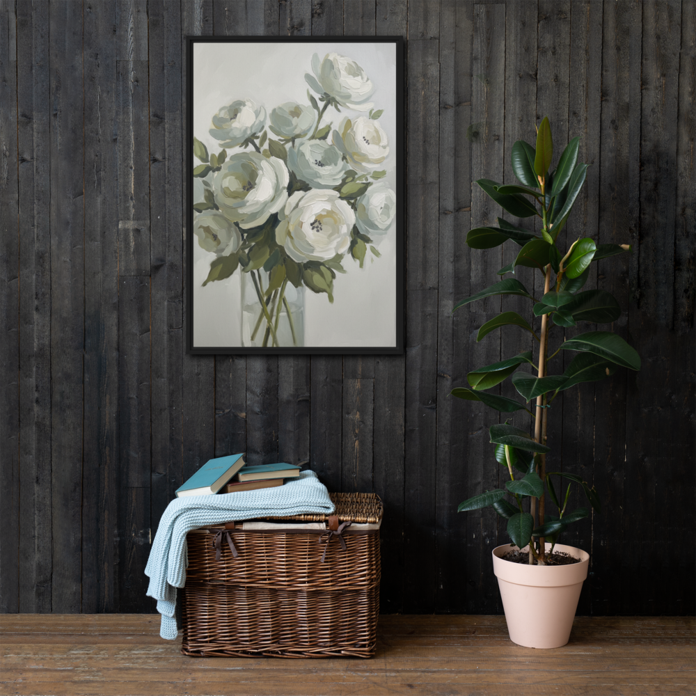 The Sage Arrangement, framed canvas in black, in a dark wood interior
