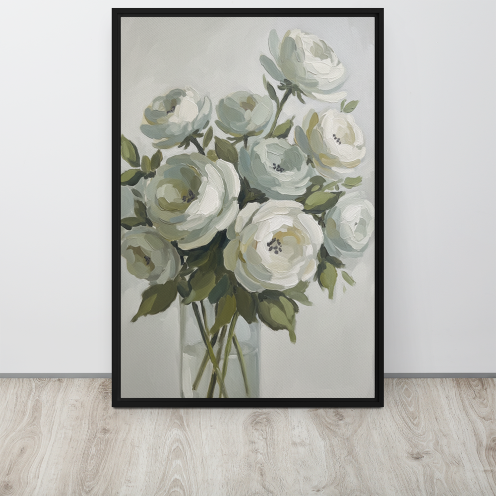 The Sage Arrangement, framed canvas in black, resting on the floor