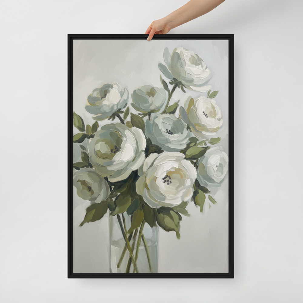 The Sage Arrangement, framed canvas in black, held in hand for scale